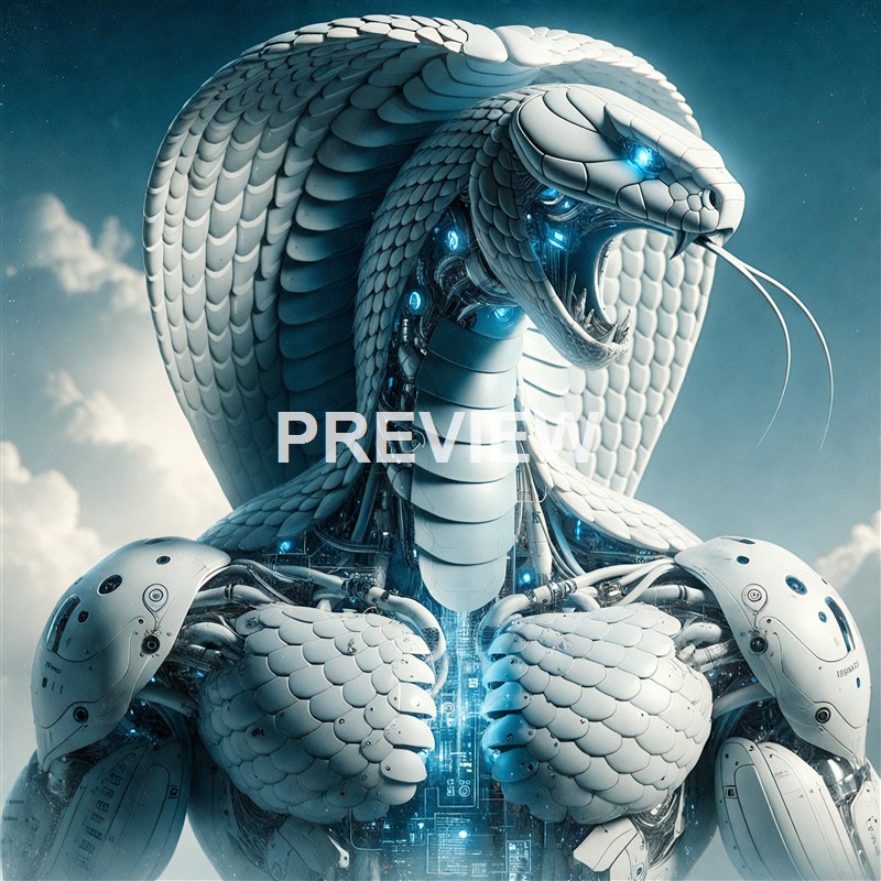A highly detailed, futuristic robotic snake with a mechanical body and glowing blue eyes, coiled around itself against a cloudy sky background.